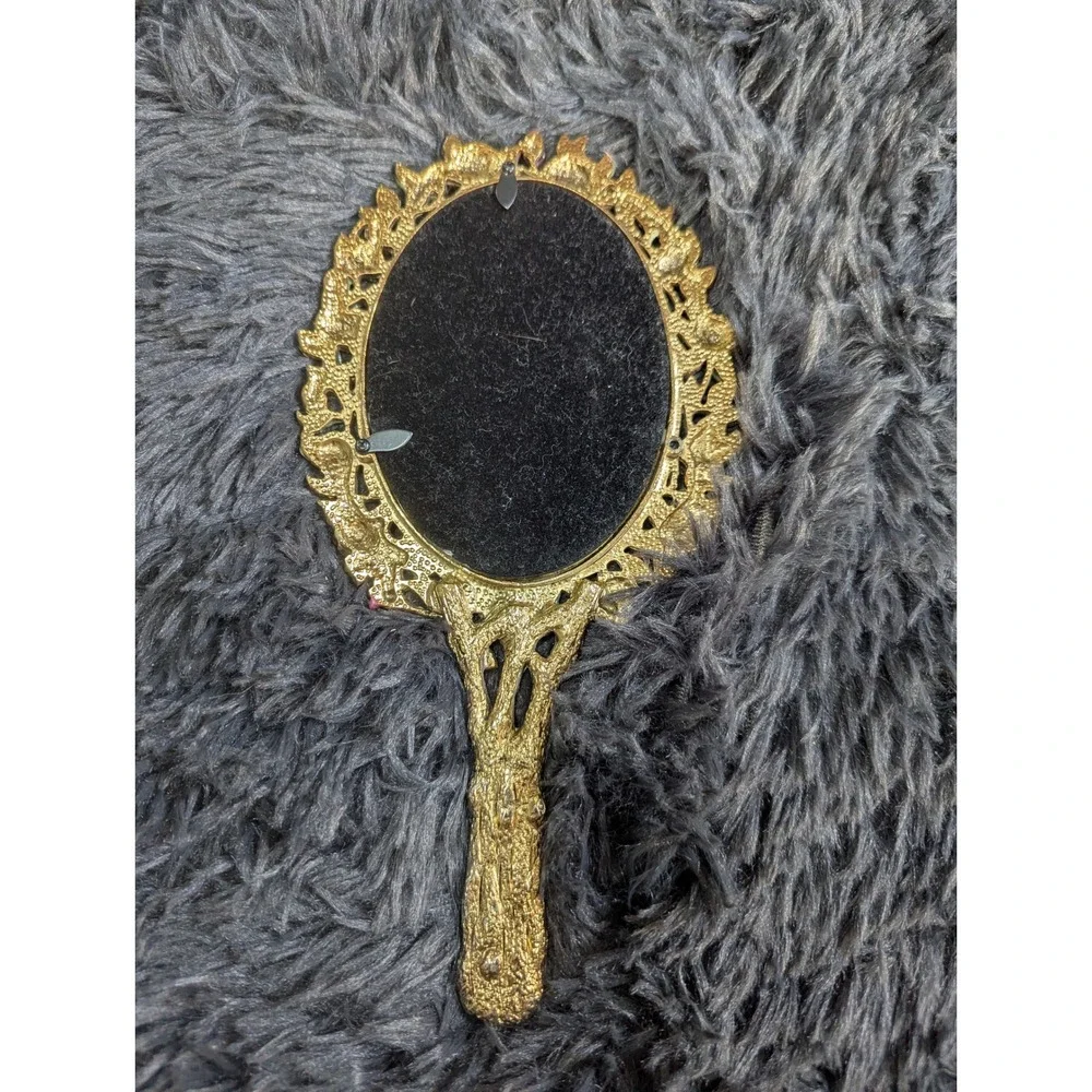 Vintage Ornate Rose Hand Mirror‎ Gold Tone Pink Rhinestone Floral Vanity